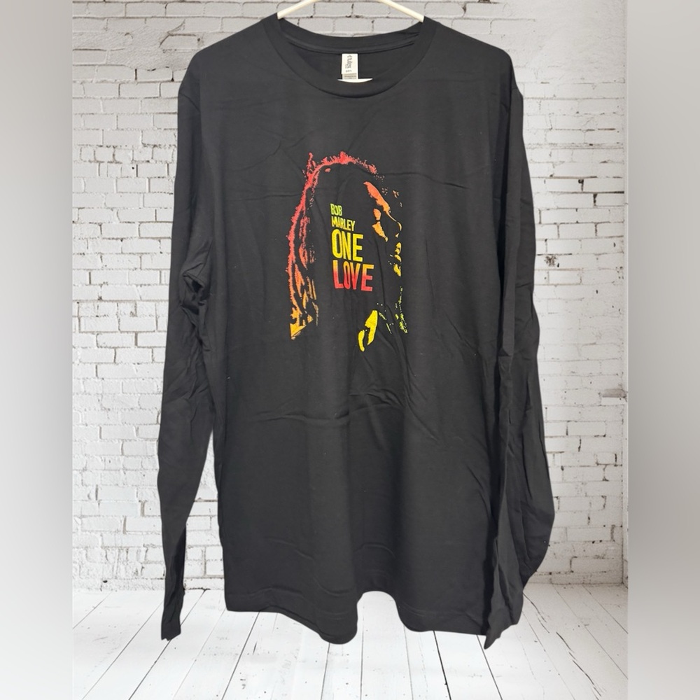 Tultex Black Long-Sleeve Tee with Red and Yellow Bob Marley 'One Love' Graphic